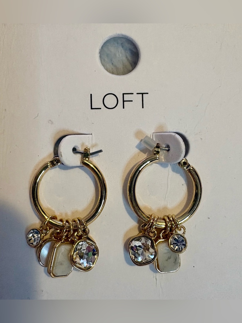 LOFT Gold Hoop Earrings with Clear Crystals and Cream Charms - Picture 2 of 4